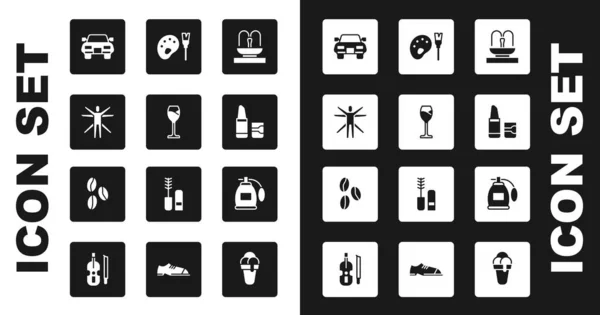 Set Brunnen, Weinglas, Vitruvian Man, Auto, Lippenstift, Pinsel mit Palette, Parfüm und Kaffeebohnen Symbol. Vektor — Stockvektor