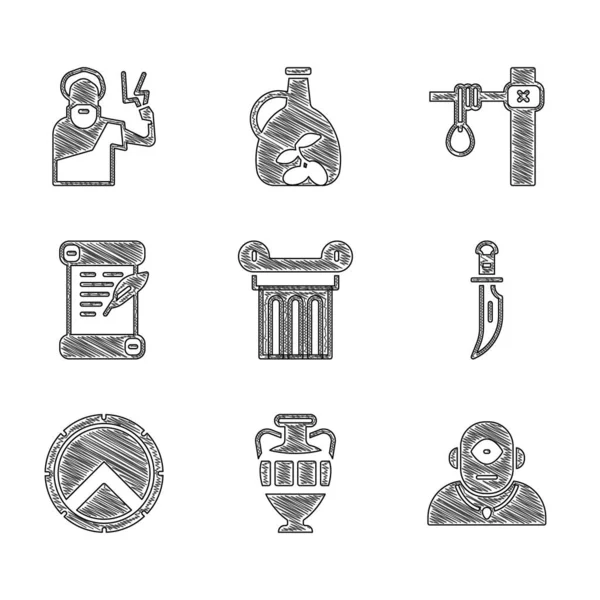 Set Ancient column, amphorae, Cyclops, Dagger, Greek shield, Decree, parchment, scroll, Gallows and Zeus icon. Vector — Stock Vector