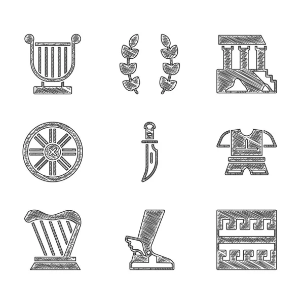 Σετ στιλέτο, σανδάλι Ερμής, Αρχαίο ελληνικό σχέδιο, πανοπλία σώματος, άρπα, παλαιός ξύλινος τροχός, εικόνα Παρθενώνα και λύρας. Διάνυσμα — Διανυσματικό Αρχείο