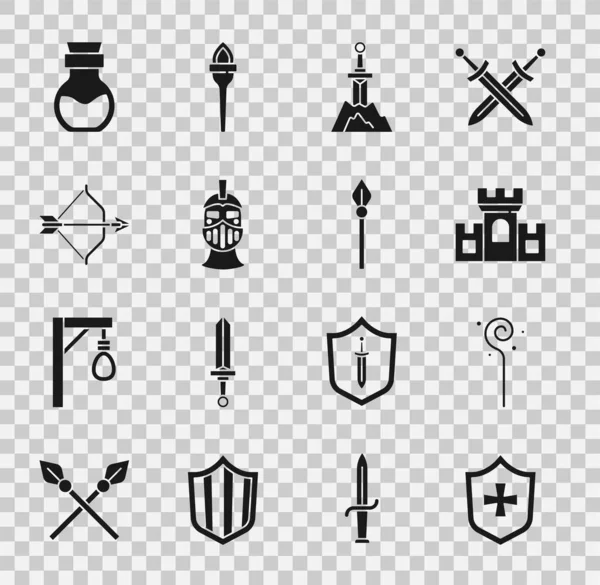 Set Kalkanı, Sihirli asa, Kale, Taş Kılıç, Ortaçağ demir miğferi, ok ve yay, Zehirli şişe ve mızrak ikonu. Vektör