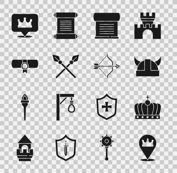 Set Location king crown, King, Viking horned helmet, Decree, parchment, scroll, Crossed medieval spears, and Medieval bow and arrow icon. Vector — Stock Vector