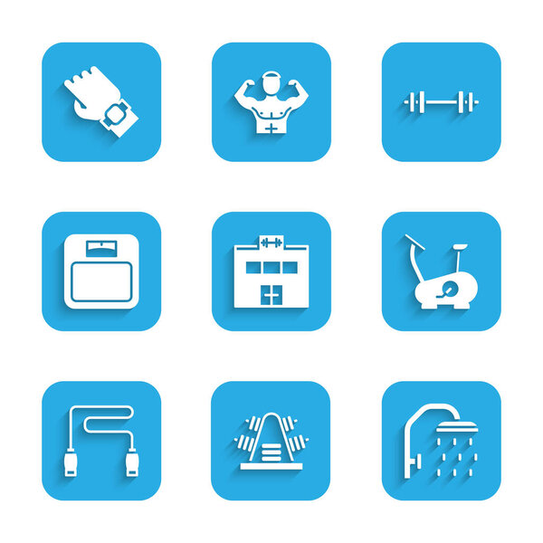 Комплект здания тренажерный зал, металлическая стойка с весами, Душевая голова, стационарный велосипед, канат прыжок, весы в ванной, штанга и смарт-иконка стрелки часы. Вектор