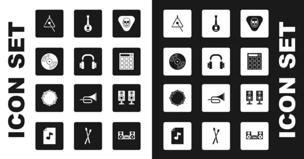 Set Guitar Plektren, Kopfhörer, Schallplatte, Triangle, Drum Machine, Banjo, Stereo-Lautsprecher und Drehknopf-Pegelsymbol. Vektor — Stockvektor