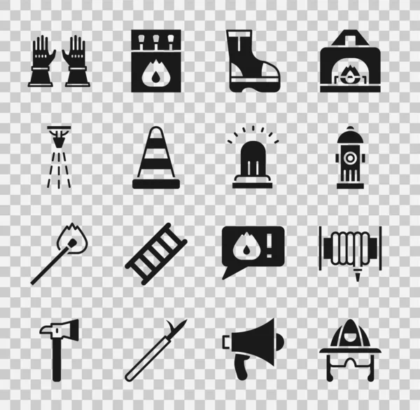 Set Brandmanshjälm, slangupprullare, vattenpost, stövlar, Trafikkon, sprinkler, handskar och Ringklocka ikon. Vektor — Stock vektor