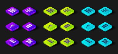 Kargo vagonu, klasik lokomotif, tren trafik ışığı, E-bilet, News and Restaurant ikonu. Vektör