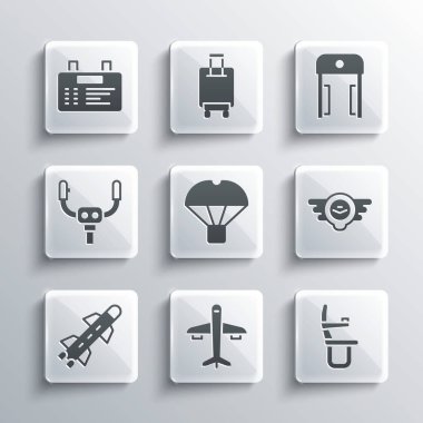 Uçak koltuğu, uçak koltuğu, havacılık amblemi, uçan paraşüt, roket, uçak dümeni, havaalanı yönetim kurulu ve metal havaalanı ikonu. Vektör