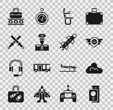 Pasaportu bilet, Bulut hava durumu, Havacılık amblemi, Uçak koltuğu, Pilot, Marshalling asaları, taşıyıcı bavul ve Roket ikonu ile ayarlayın. Vektör