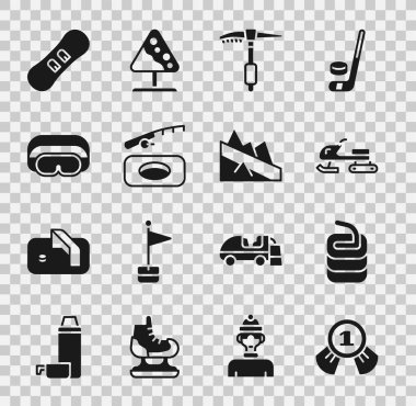 Set Madalyası, saç maşası, kar arabası, buz baltası, kış balıkçılığı, kayak gözlükleri, snowboard ve dağ iniş ikonu. Vektör