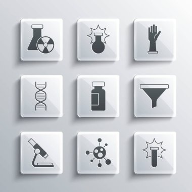 Molekül, kimyasal patlama, huni veya filtre, test tüpü ve matara, mikroskop, DNA sembolü, radyasyon ve tıbbi kauçuk eldiven ikonu. Vektör