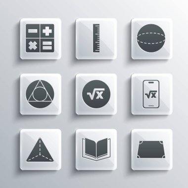 Açık Kitap, Akut trapezoid şekil, Kare kök x kabartması, Geometrik figür Tetrahedron, Üçgen matematiği, Hesaplayıcı ve Küre simgesini ayarla. Vektör