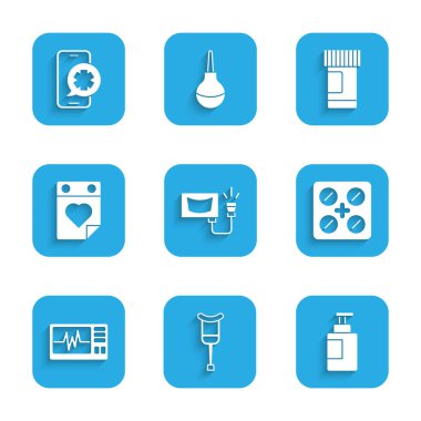 Ultrason, koltuk değneği ya da koltuk değneği, el dezenfektanı şişesi, su toplayan haplar, kardiyogramlı monitör, doktor randevusu, ilaç hapları ve acil durum telefon çağrı ikonu. Vektör