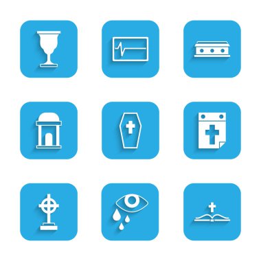 Tabut 'u haç, Gözyaşı Gözyaşı, Kutsal İncil kitabı, Takvim ölümü, Mezar, Eski Mezar ve Hıristiyan kadeh ikonu ile ayarla. Vektör