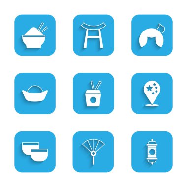 Erişteleri kutuya koy ve çubuklara, Çin veya Japon fanı, kağıt fener, Çin bayrağı, çay töreni, suşi, şans kurabiyesi ve ikonlu pirinç kasesi. Vektör