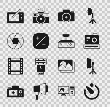 Kamera zamanlayıcısı, Softbox ışığı, fotoğraf makinesi, pozlama tazminatı, deklanşör, grafiksel tablet ve simge ayarla. Vektör