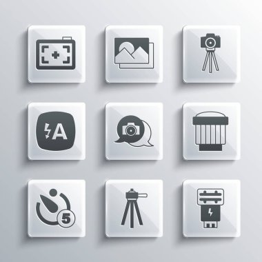 Tripod, fotoğraf makinesi flaşı, kamera lensi, zamanlayıcı, otomobil ve simge ayarla. Vektör