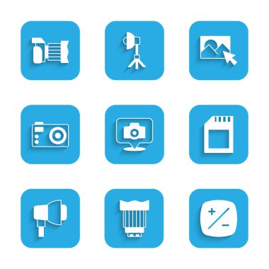 Fotoğraf makinesi, fotoğraf makinesi, pozlama tazminatı, hafıza kartı, Softbox lambası, rötuş ve simge ayarla. Vektör