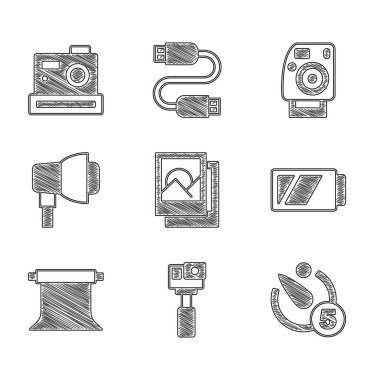 Fotoğraf çerçevesi, Action kamera, kamera zamanlayıcısı, pil for, boş fotoğraf stüdyosu, Softbox ışığı ve simge. Vektör