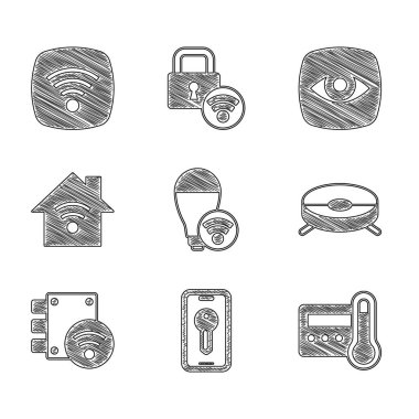 Akıllı ampul, anahtar, termostat, robot elektrikli süpürge, dijital kapı kilidi, Wi-fi, güvenlik kamerası ve kablosuz internet ağ ikonu olan ev. Vektör