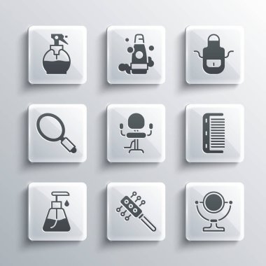 Saç fırçası, yuvarlak makyaj aynası, berber koltuğu, krem kozmetik tüp, el, kuaför tabancası sprey şişesi ve önlük. Vektör