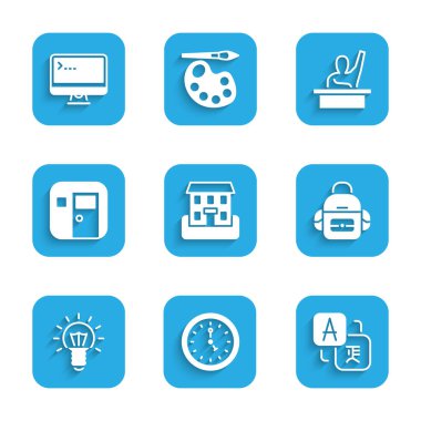 Okul binası, saat, çevirmen, sırt çantası, ampul, sınıf, erkek çocuk elini kaldırıyor ve bilgisayar monitörü simgesi. Vektör