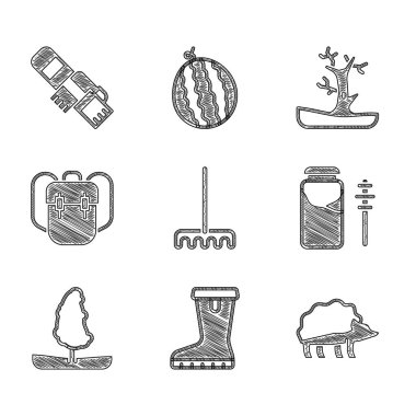 Bahçe tırmığı, su geçirmez lastik bot, kirpi, kavanoz balı ve dipper çubuğu, ağaç, okul çantası, çıplak ağaç ve kış eşarbı ikonu. Vektör