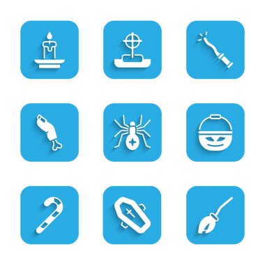 Örümcek, haçlı tabut, cadı süpürgesi, şeker için balkabağı sepeti, Noel şeker kamışı, zombi parmağı, sihirli değnek ve yanan mum ikonu. Vektör