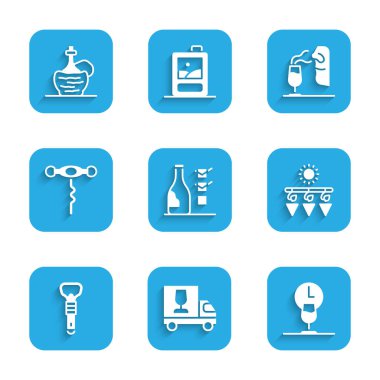 Bir şişe şarap, şarap kamyonu, zaman, kurutulmuş üzüm açacağı, tirbuşon, şarap garsonu ve İtalyan fiyaskosu ikonu. Vektör