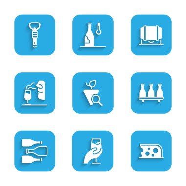 Set üzümleri, şarap tatma, degukasyon, peynir, şarap şişesi, şarap şişesi, şarap garnitürü, tahta fıçı ve açılış ikonu. Vektör