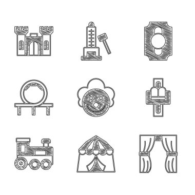 Palyaço kafası, sirk çadırı, perde yükselmesi, atlıkarınca, oyuncak tren, lunapark treni, bilet ve Castle ikonu. Vektör