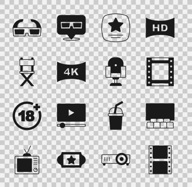 Set Play videosu, ekranlı sinema salonu, Şöhret Yürüyüşü yıldızı, TV 4k, Yönetmen film koltuğu, 3D sinema gözlüğü ve ikonu. Vektör