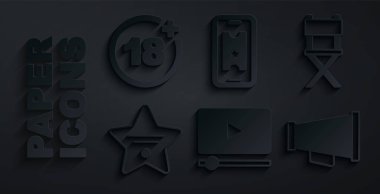 Set Online oyun videosu, yönetmen koltuğu, şöhret yürüyüşü, megafon, internetten sinema bileti ve artı 18 ikon. Vektör