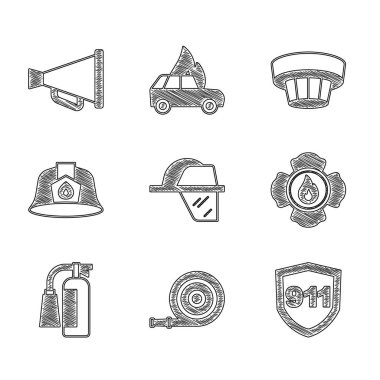 İtfaiyeci kaskı, hortum makarası, 911 'i, yangın söndürücüyü, duman alarmı sistemini ve megafon ikonunu hazırlayın. Vektör