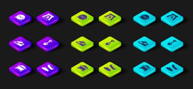 Mayın vagonu, demir tozu tutan dev mıknatıs, taşıyıcı bant, kürek, giriş ve dinamit ikonu. Vektör