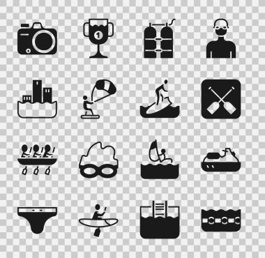 Yüzme havuzu, jet ski, Paddle, Aqualung, Kitesurfing, kazanan podyum, fotoğraf makinesi ve sörf tahtası ikonu. Vektör