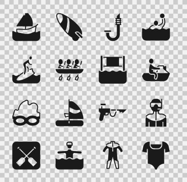 Mayo, dalış kıyafeti, Jet ski, Snorkel, kano kürek takımı sporları, sörf tahtası, yat yelkenlisi ve su voleybolu ikonu. Vektör