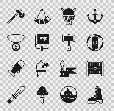 Antik Viking çizmeleri, antik hazine sandığı, miğferli kafatası, Viking kitabı, kolye mücevheri, tahta balta ve çekiç ikonu. Vektör
