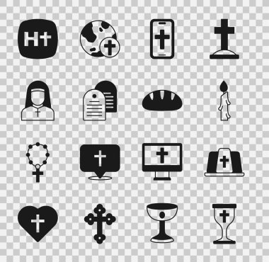 Hıristiyan kadehi, Papa şapkası, yanan mum, haç, kutsal İncil kitabı, rahibe ve ekmek ikonu. Vektör