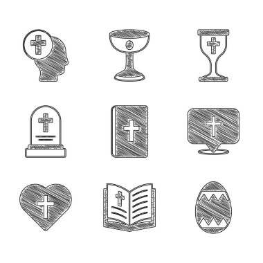 İncil kitabı, Paskalya yumurtası, kilise binası, Hıristiyan haçı, mezar taşı, kadeh ve rahip ikonu. Vektör