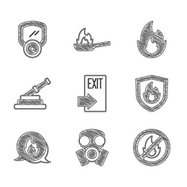 Yangın çıkışı, gaz maskesi, yangın yok, koruma kalkanı, acil durum çağrısı, hortum makarası, alev ve ikon. Vektör
