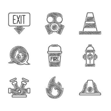 Yangın kovası, alev, itfaiyeci kaskı, yangın musluğu, acil durum çağrısı, trafik konisi ve çıkış ikonu. Vektör
