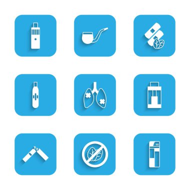 Hastalık akciğerlerini ayarla, tütün yaprağı yok, Çakmak yok, Vape mod cihazı, kırık sigara, Elektronik, Tıbbi nikotin bantları ve ikon. Vektör