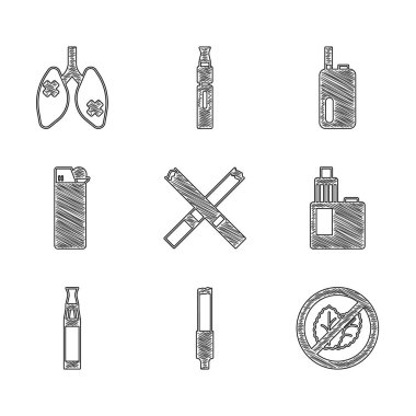 Set sigarası, tütün yaprağı yok, Vape mod cihazı, Elektronik sigara, Çakmak ve Hastalık Ciğerleri ikonu. Vektör
