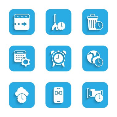 Alarm saatini, uygulama telefonunu, uyku saatini, Dünya saatini, saati, takvim ayarlarını, simge üzerindeki atığı ve sinekleri ayarla. Vektör