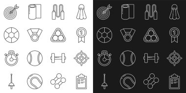 Çizgi spor eğitim programı, hedef spor, madalya, ip atlama, futbol, ok ve bilardo topu üçgeni ikonu. Vektör