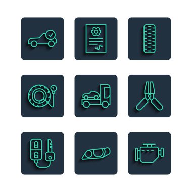 Hat anahtarını uzaktan kumandalı, farlı, motoru, tekerleği, taşıyıcı kamyonunu, tekerlek basınç göstergesini, otomotiv kontrolü otomobili ve akü şarj güç kablosu ikonuyla ayarla. Vektör