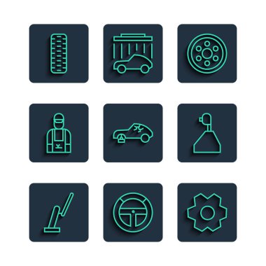 Ön ekran sileceği, direksiyon, dişli, alloy, bozuk araba, araba tamircisi, lastik ve vites simgesi. Vektör