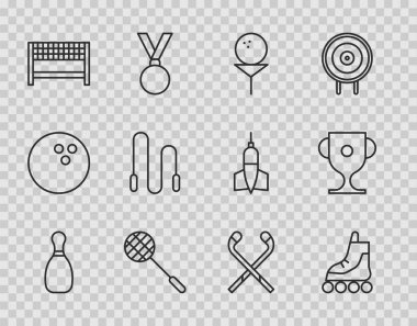 Bowling pimi, paten, golf topu, golf topu, tenis raketi, kurdele bitiş çizgisi, atlama ipi, buz hokeyi sopası ve ödül kupası ikonu. Vektör