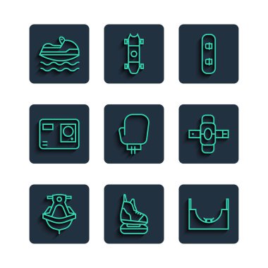Sıralı jet ski, patenler, park, snowboard, boks eldiveni, aksiyon ekstrem kamerası ve dizlik ikonu. Vektör