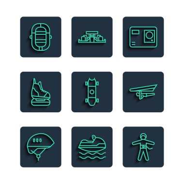 Hat çizgisi, bisiklet kaskı, jet ski, bungee jumping, aksiyon ekstrem kamera, Uzuntahta ya da kaykay, kaykay, Rafting botu ve Hang planör ikonu. Vektör