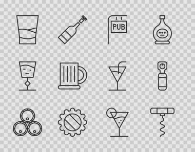 Ahşap fıçılar, şarap tirbuşonu, barlı sokak tabelası, şişe kapağı, bir bardak votka, bira bardağı, martini bardağı ve açılış ikonu. Vektör